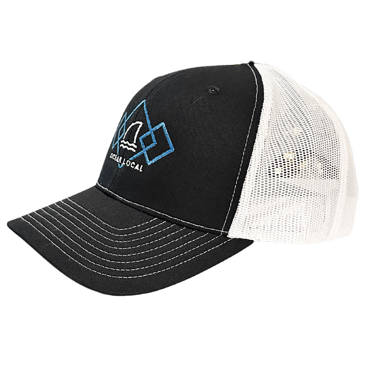Trucker Hat by Ocean Duty with colorful graphic that includes a shark dorsal front left side