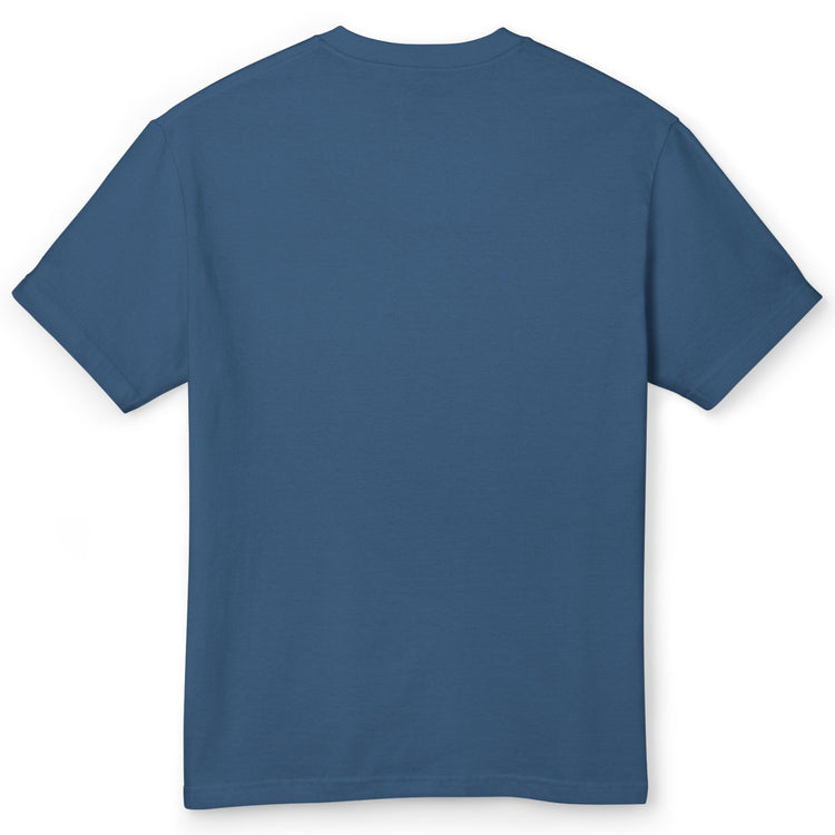 The back of a faded Blue T-shirt with colorful tropical graphic print on the front.