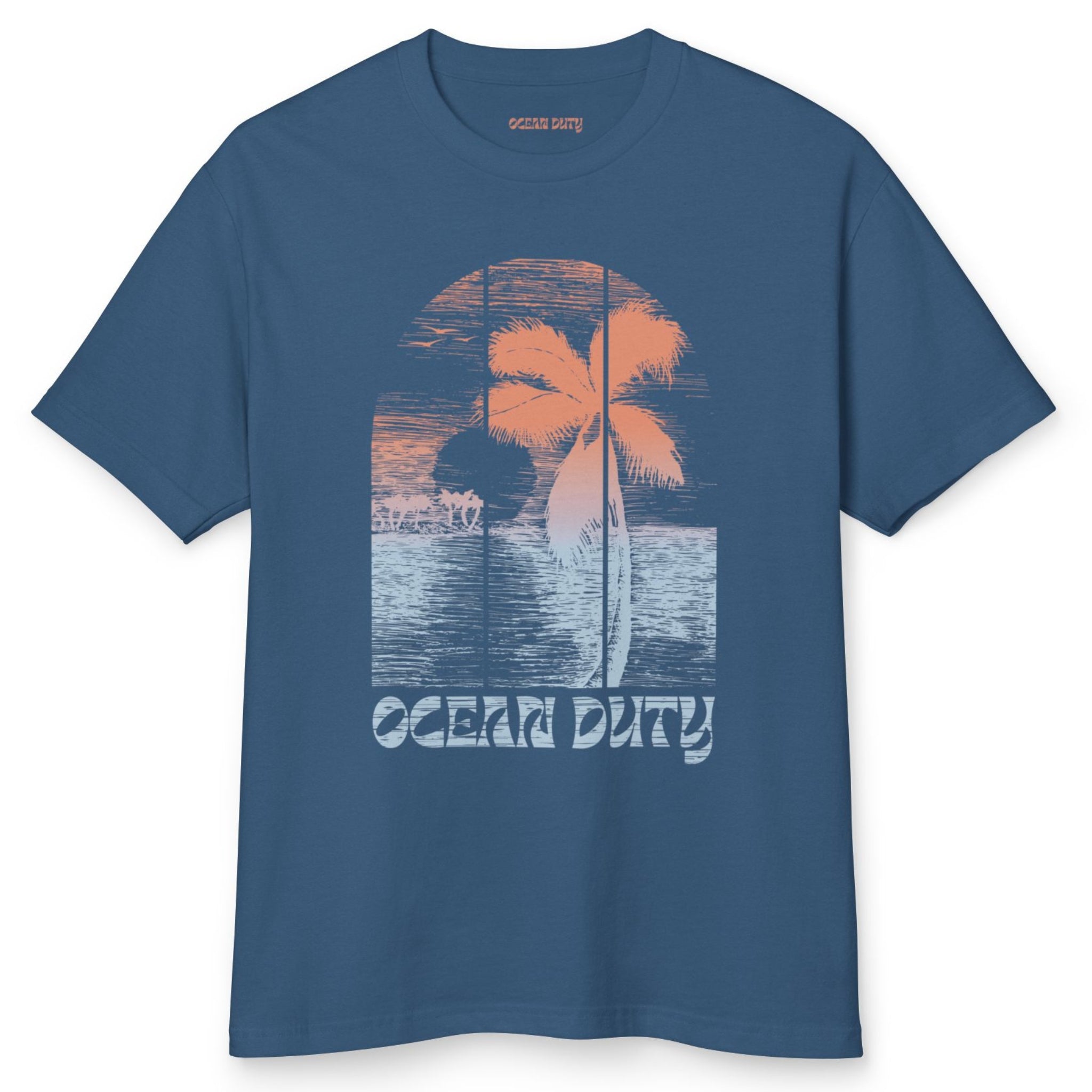 Faded Blue T-shirt with colorful tropical graphic print on the front 