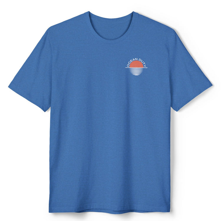 blue t-shirt orange sunset print left front