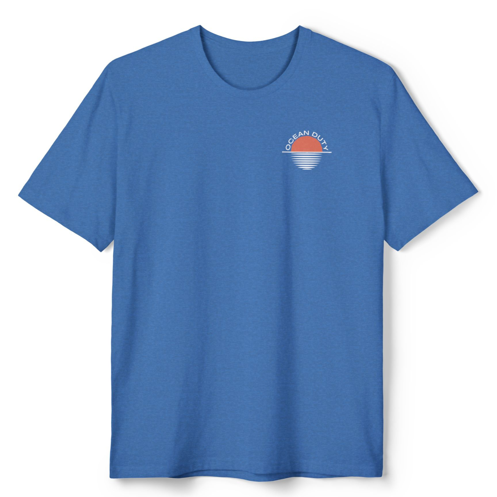 blue t-shirt orange sunset print left front