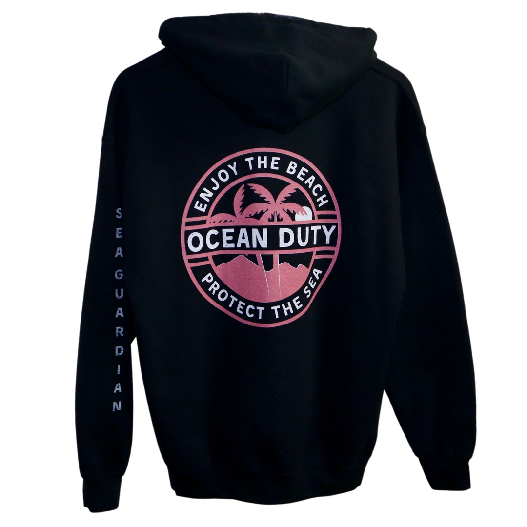 Back of black hoodie with a ocean and beach graphic text