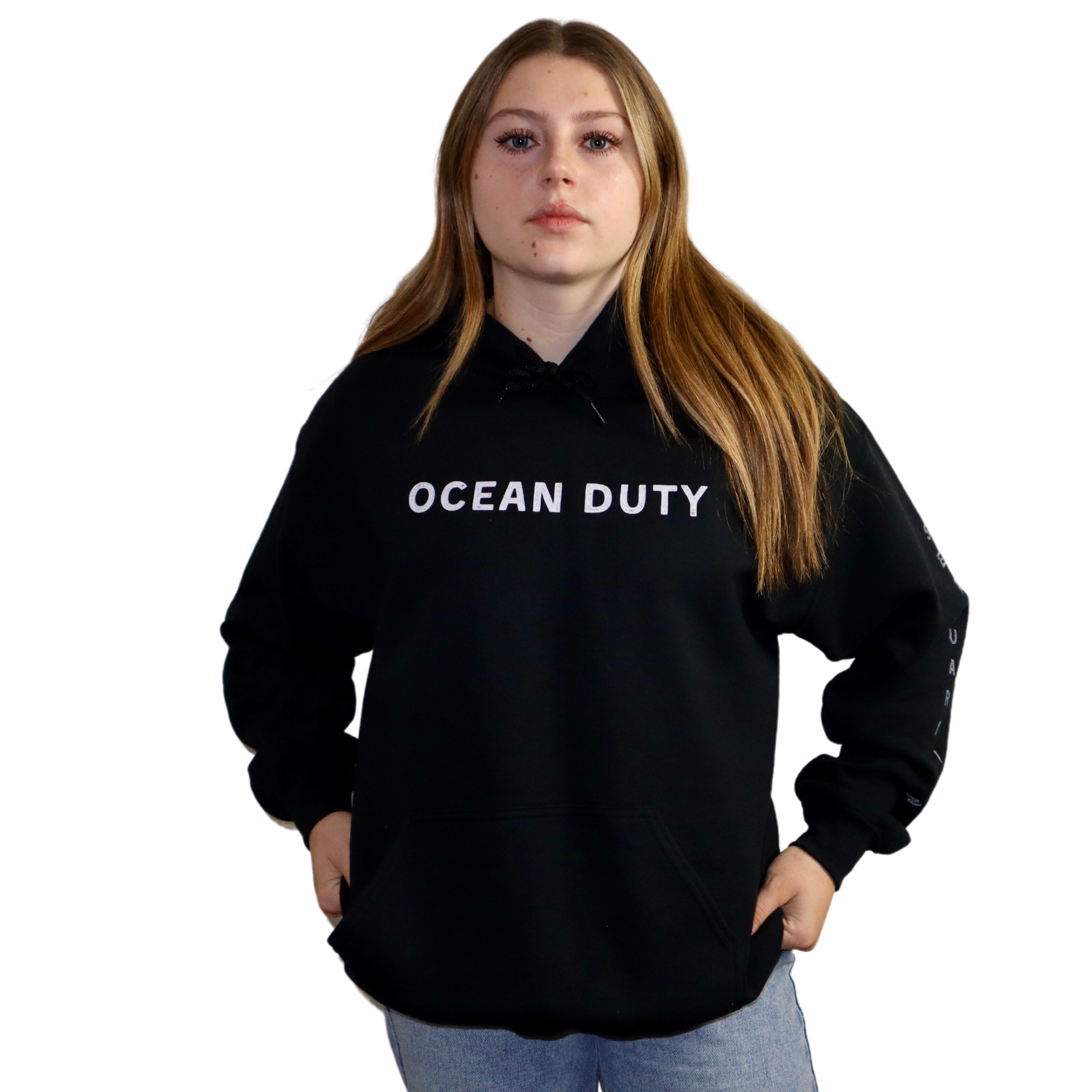 Girl wearing black hoodie with ocean duty text