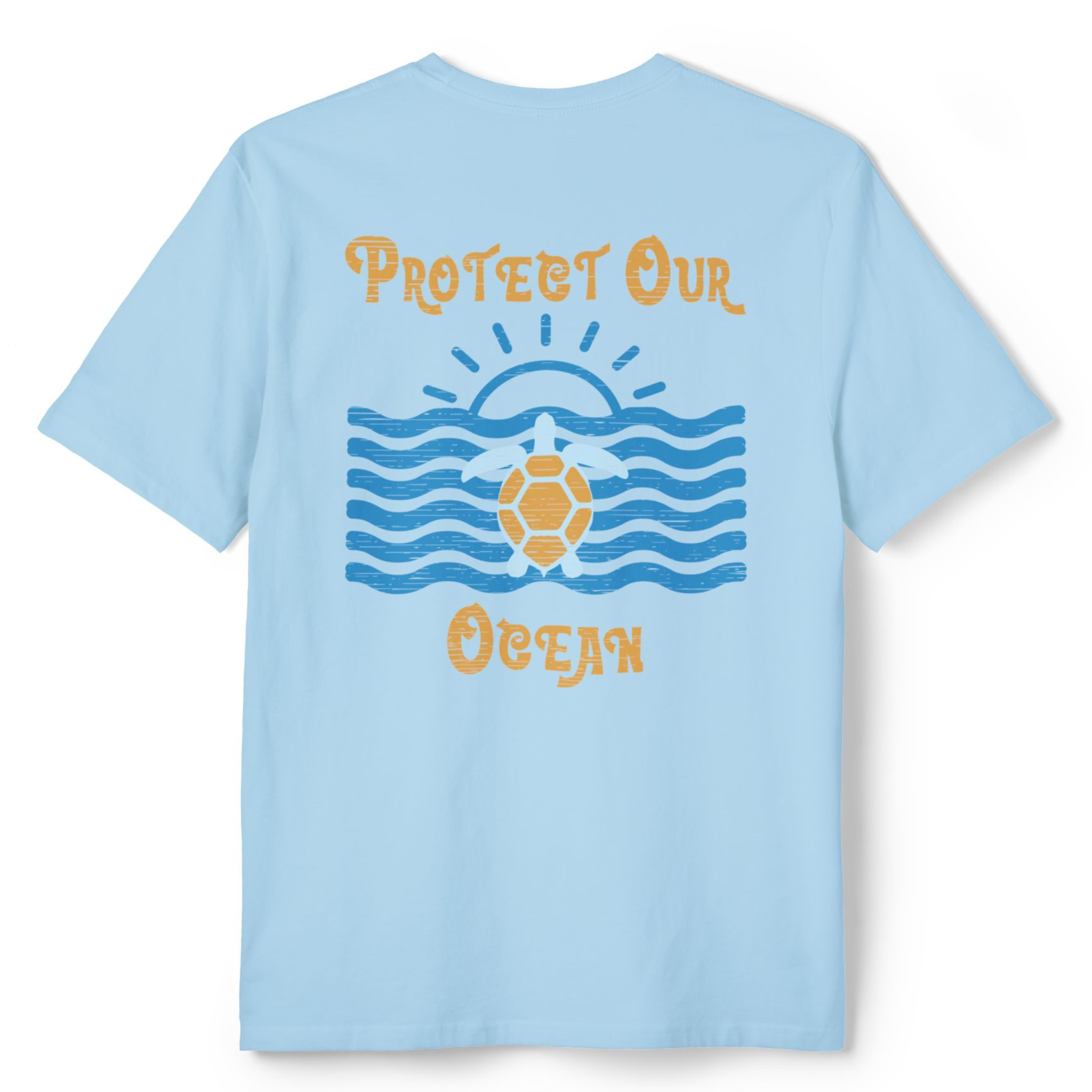 light blue t-shirt with sea turtle conservation image on back