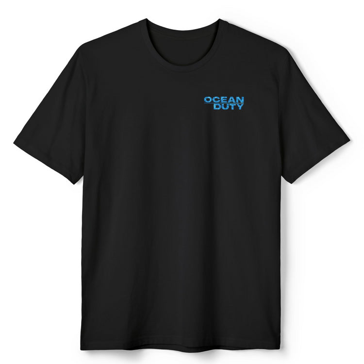 black t-shirt blue ocean duty print front