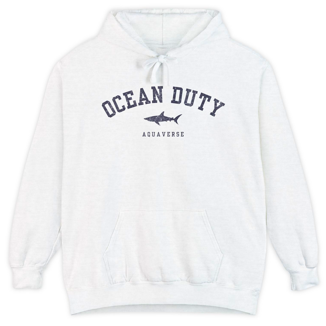 White hoodie with 'Ocean Duty' and a shark graphic on a white background